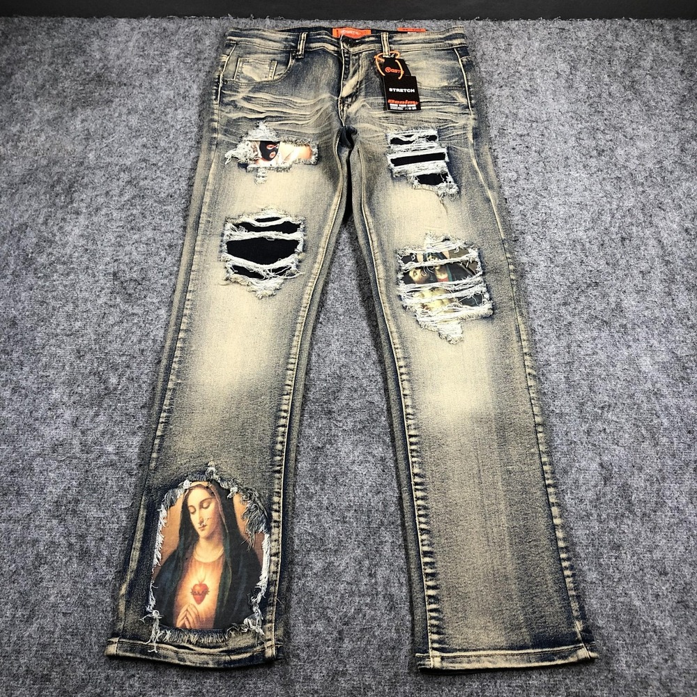 RGSTR Jeans Mens 32x32 Vintage Blue Straight Distressed Stretch Art Denim